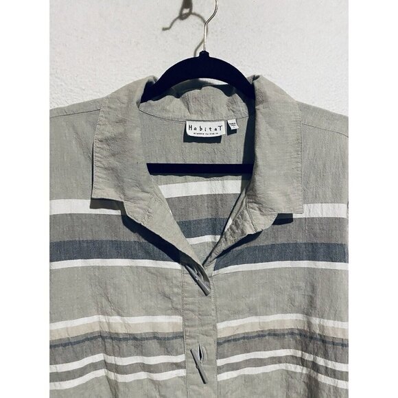 Habitat Top Womens Large Gray Sand Striped Toggle Buttons Tunic Gauzy Lagenlook - Picture 2 of 8